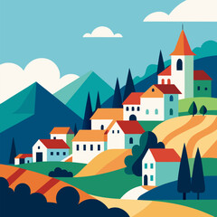 A beautiful town in the middle of a gorgeous vector landscape background.