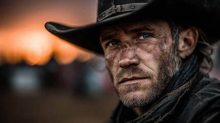 Closeup portrait of a handsome cowboy with mud on the face.