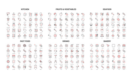 Minimalist line icons for kitchen, fruits, vegetables, seafood, fast food, drinks, bakery perfect for menu design, apps, infographics, and culinary branding isolated vector illustration