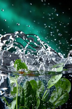 Spinach underwater splash, hyper-realistic, vibrant studio lighting, high detail water droplets, dark green background, cinematic food photography style, sharp macro focus, no text, no border

