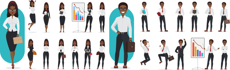 Fototapeta premium Businessman and businesswoman in work poses set vector illustration. Cartoon corporate workers, entrepreneurs and managers standing, thinking about ideas, showing business presentation isolated white