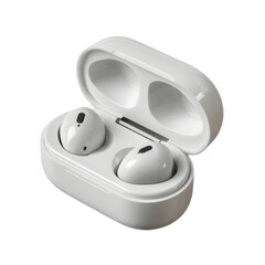 White wireless earbuds with charging case open on a transparent background isolated on transparent background