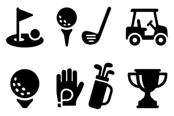 Fototapeta premium Golf icons set: club, ball, cart, and trophy in bold black style