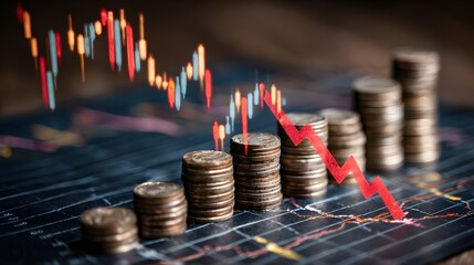 Financial crisis concept with a falling stock market chart and stacks of coins. A red arrow indicates economic recession and investment loss.