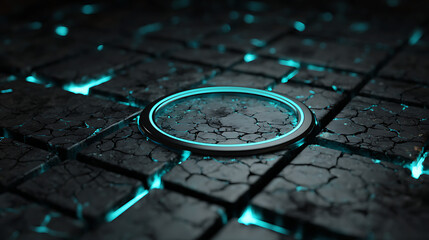 Glowing cyan ring on cracked dark textured surface abstract macro