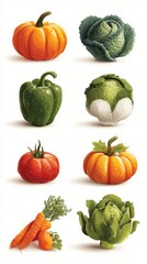 Colorful assortment of fresh vegetables featuring pumpkins, cabbage, peppers, tomatoes, and carrots arranged artistically