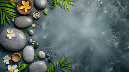 A background with massage stones, various relaxing leaves, and flowers for a spa