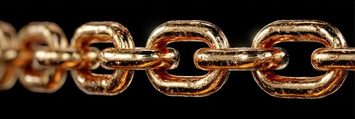 Close-up view of a shiny gold chain displaying intricate links against a dark background