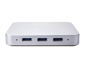 A silver usb hub with three ports, isolated on transparent background