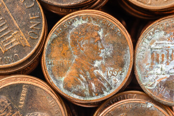 Macro Top View of Tarnished Pennies