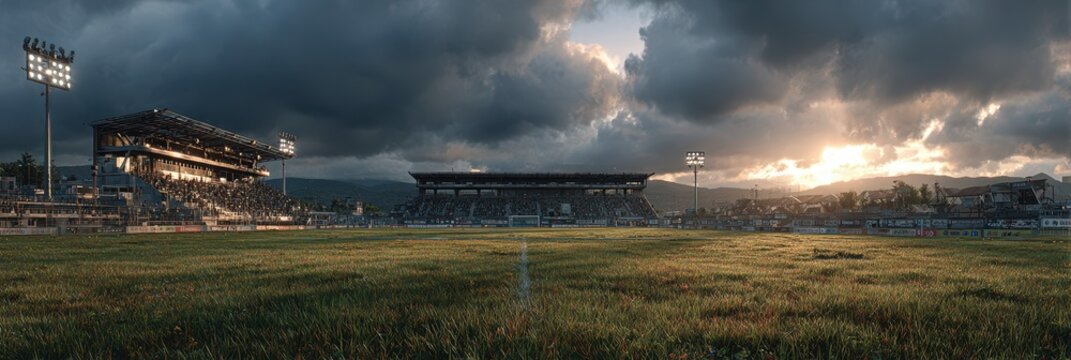 Crowd gathers at a stadium during sunset for an exciting football match in a serene landscape