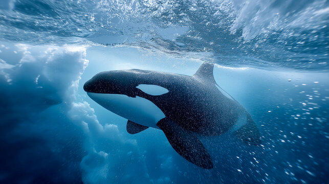Orca whale swimming gracefully beneath icy water surface in cold ocean with air bubbles around