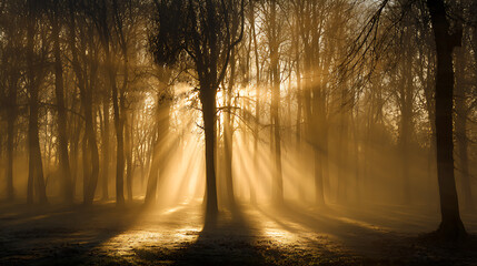 Obraz premium Golden sunbeams pierce through misty forest trees creating dramatic light rays sunlight