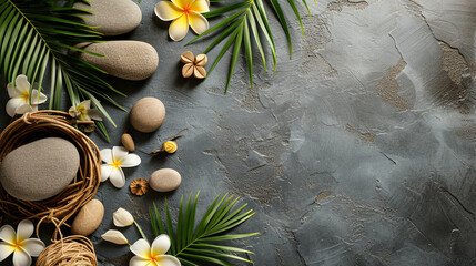 A background with massage stones, various relaxing leaves, and flowers for a spa 