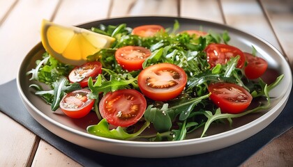 eat fresh inviting salad with tomatoes lemon and arugula promotes healthy eating