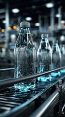Bottles on production line at a modern water bottling facility during daytime
