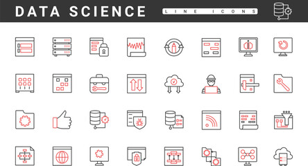 Online data communication, network management of information systems, thin red and black line icons set vector illustration. Abstract software and hardware, privacy of access, tech optimization © lembergvector