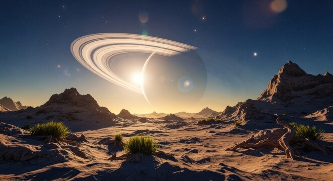 Alien ringed planet desert landscape