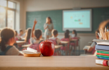 Apple and school supplies on classroom desk with copy space. Blurred teacher and students background. Mockup for product placement, branding, campaigns, school supplies, schedules, student lifestyle.
