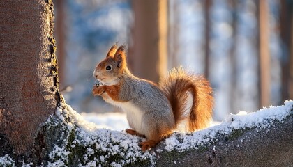 fluffy squirrels exploring a magical winter forest