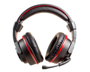 Black and red headphones with a microphone isolated on transparent background