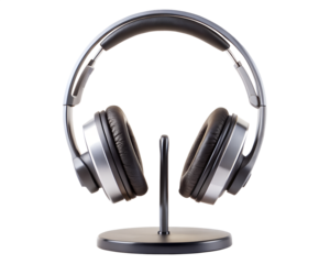 A pair of modern headphones on a stand, isolated on transparent background
