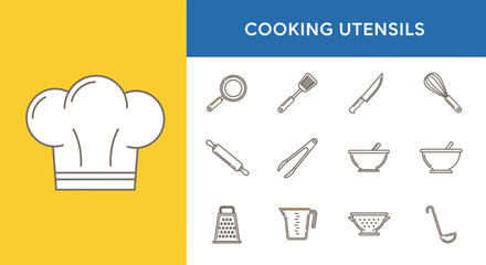 Line Art Illustration of a Chef's Hat and Cooking Utensils, Including a Frying Pan, Spatula