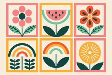 Colorful, stylized floral and nature-themed design elements arranged in a grid pattern.