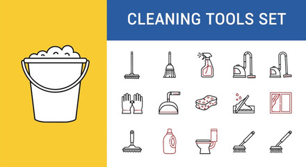 Line Art Style Depiction of a Cleaning Tools Set, Featuring Bucket, Mop