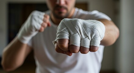 Boxer with wrapped fists ready to fight or training indoors