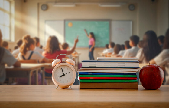 Alarm clock placed on student’s desk in bright classroom with students and teacher. Back-to-school, time management, academic discipline, educational routines and structured learning concept.