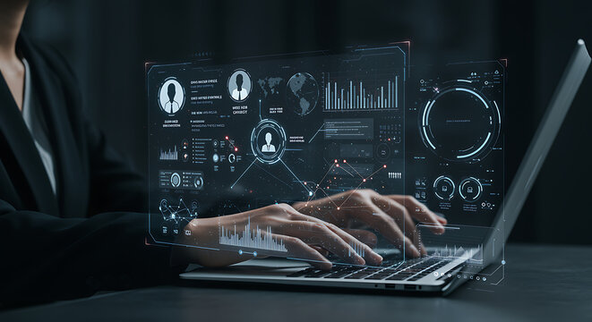 Hands typing on a laptop displaying a digital interface with data analytics, charts, and graphs for business and technology applications