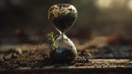 Obraz premium Hourglass with sprouting plant and flowing soil growth