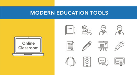Modern Education Tools Featuring Online Classroom, Book, Students