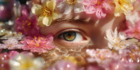 A woman's eye emerges from a bed of vibrant flowers floating on calm water, creating a peaceful atmosphere