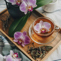Elegant Tea Tray with Orchids and Herbal Infusion Still Life