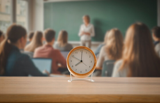 Alarm clock placed on student’s desk in bright classroom with students and teacher. Back-to-school, time management, academic discipline, educational routines and structured learning concept. - Powered by Adobe