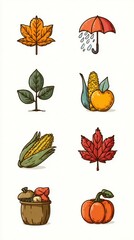 Autumn-themed graphics showcasing seasonal elements like leaves, fruits, and weather symbols in vibrant colors