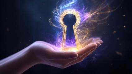 Golden key in a hand with magic