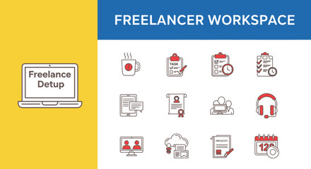 Modern Freelancer Workspace Icons Featuring Laptop, Coffee, Task List