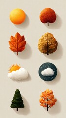 Illustrations of autumn foliage and seasonal weather in warm colors and soft textures