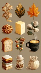 Seasonal arrangement of autumn elements featuring food, foliage, and warm drinks in a cozy setting