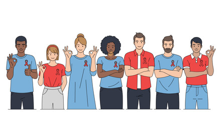 Diverse group of people wearing red ribbons showing solidarity and support for health awareness campaigns and community initiatives