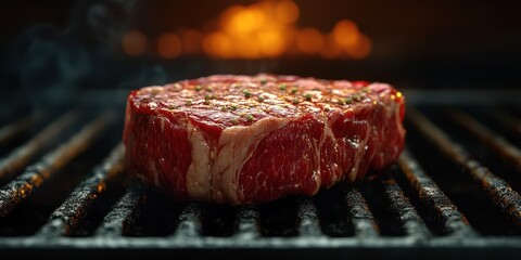 Juicy steak cooking on grill with flames in the background during a summer barbecue