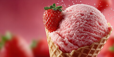 Enjoying delicious strawberry ice cream in a waffle cone on a warm summer day