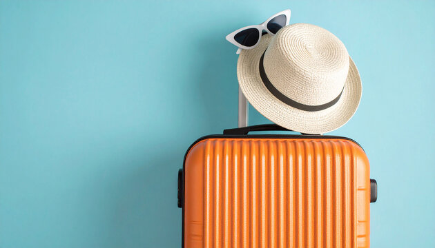 Dream vacation concept. Above vertical photo of an orange suitcase and a straw hat with white sunglasses on an isolated blue background, 300 dpi, widescreen 16:9, with free space for text