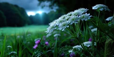 Wildflowers bloom in a lush meadow during twilight with a subtle glow on the horizon