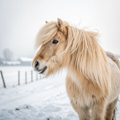 Portrait of a brown stallion with a white mane in a winter pasture