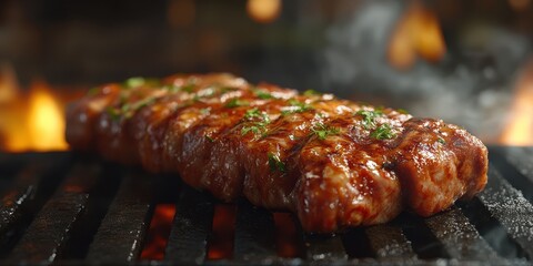 Sizzling grilled meat over flames with herbs in a cozy outdoor setting during evening hours
