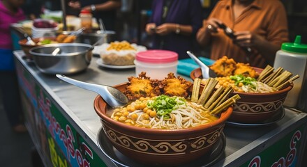 Authentic Asian street food stall serving delicious traditional noodle soup in decorative bowls at a bustling night market.